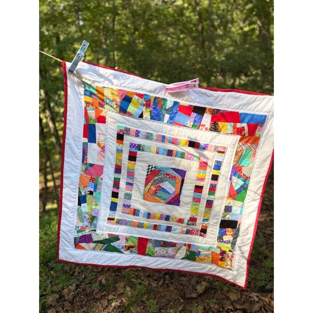 Handmade Patchwork Quilt Colorful Scrap Log Cabin Throw Blanket 42x40 Cotton